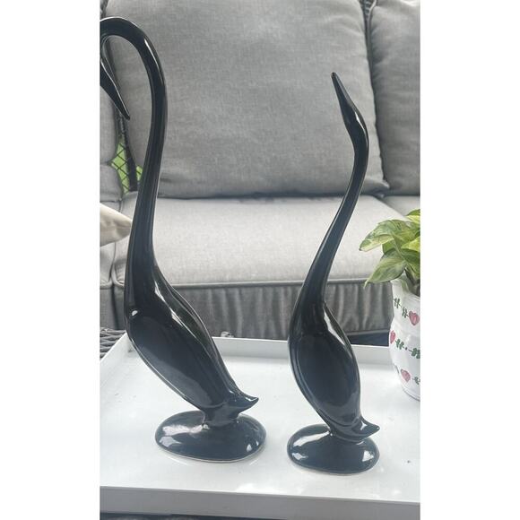 2 VTG MCM Black Ceramic Glass Figures Crane Egret Swan Arnels Style Birds Heron - Picture 3 of 7